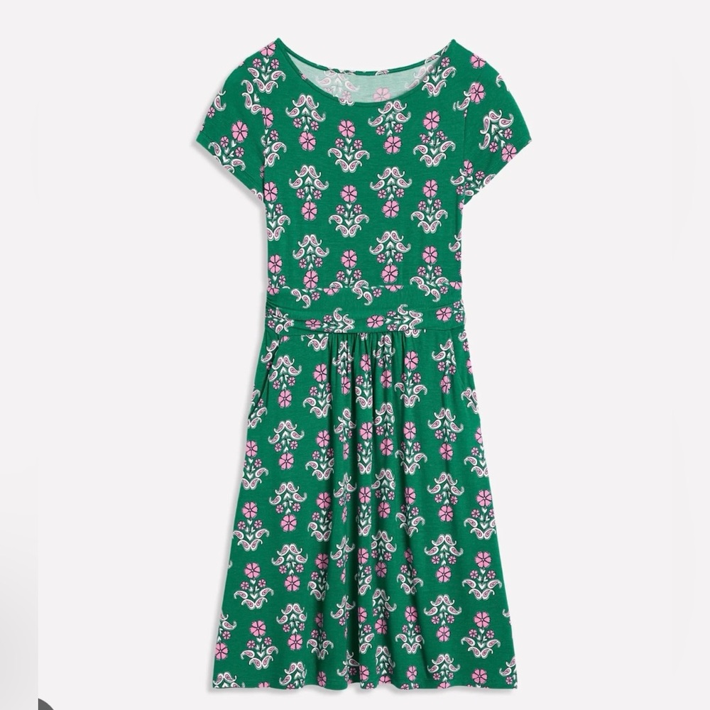 Boden Amelia Jersey Dress-Forest Grass Pansy Stamp